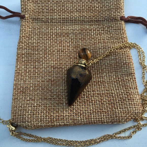 Hand Crafted Jewelry - Tigers Eye Pendulum Bottle Tiger Eye Perfume Bottle Necklace Gold Tigers Eye